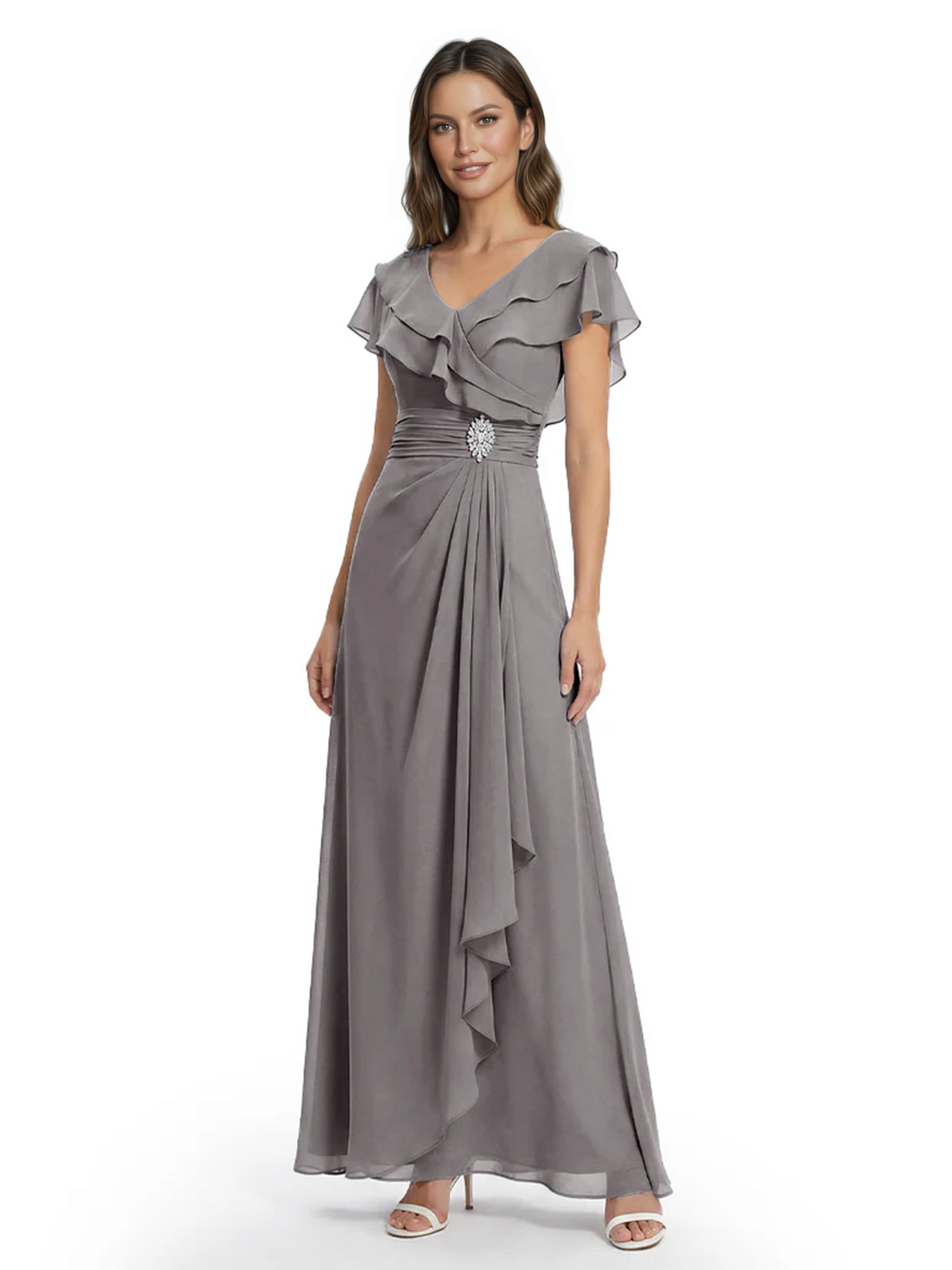 Elegant Mother of the Groom Dress Cascading Ruffle Chiffon Formal Gown Rhinestone