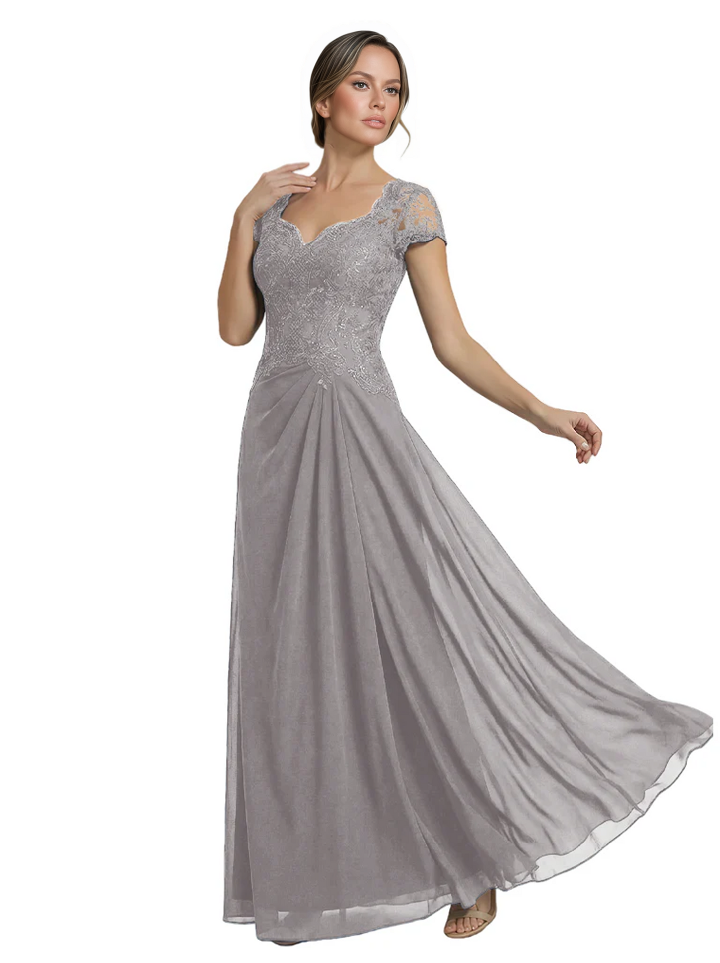 Long A-line Chiffon Short Sleeves Mother of the Brides Dresses Lace Wedding