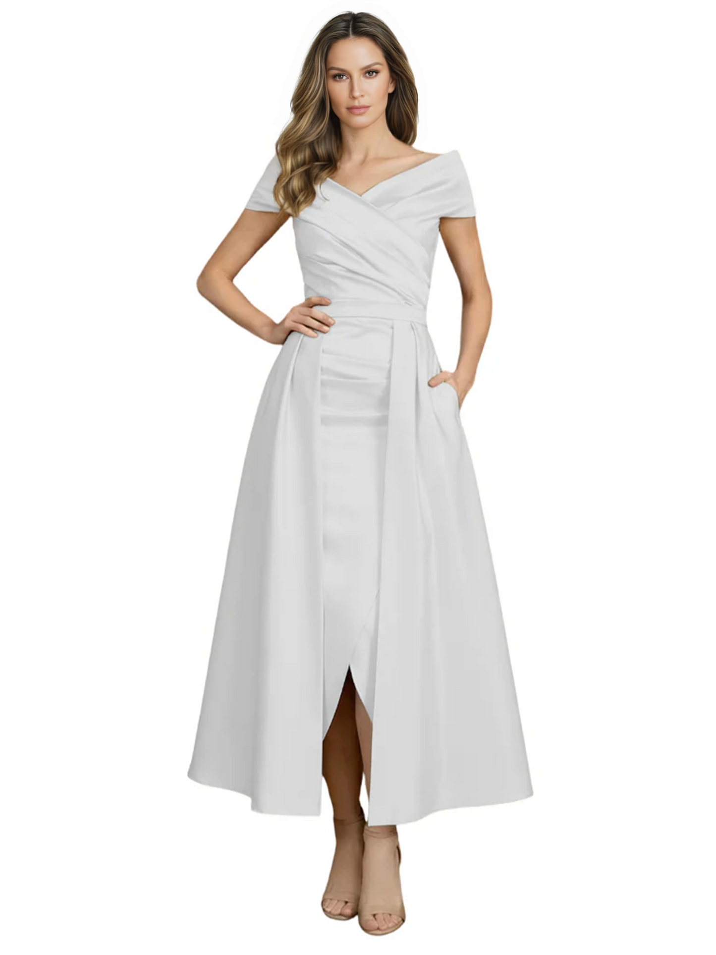 Formal Floor-Length Mother of the Bride Gown Satin Maxi Dress with Slit Off Shoulder
