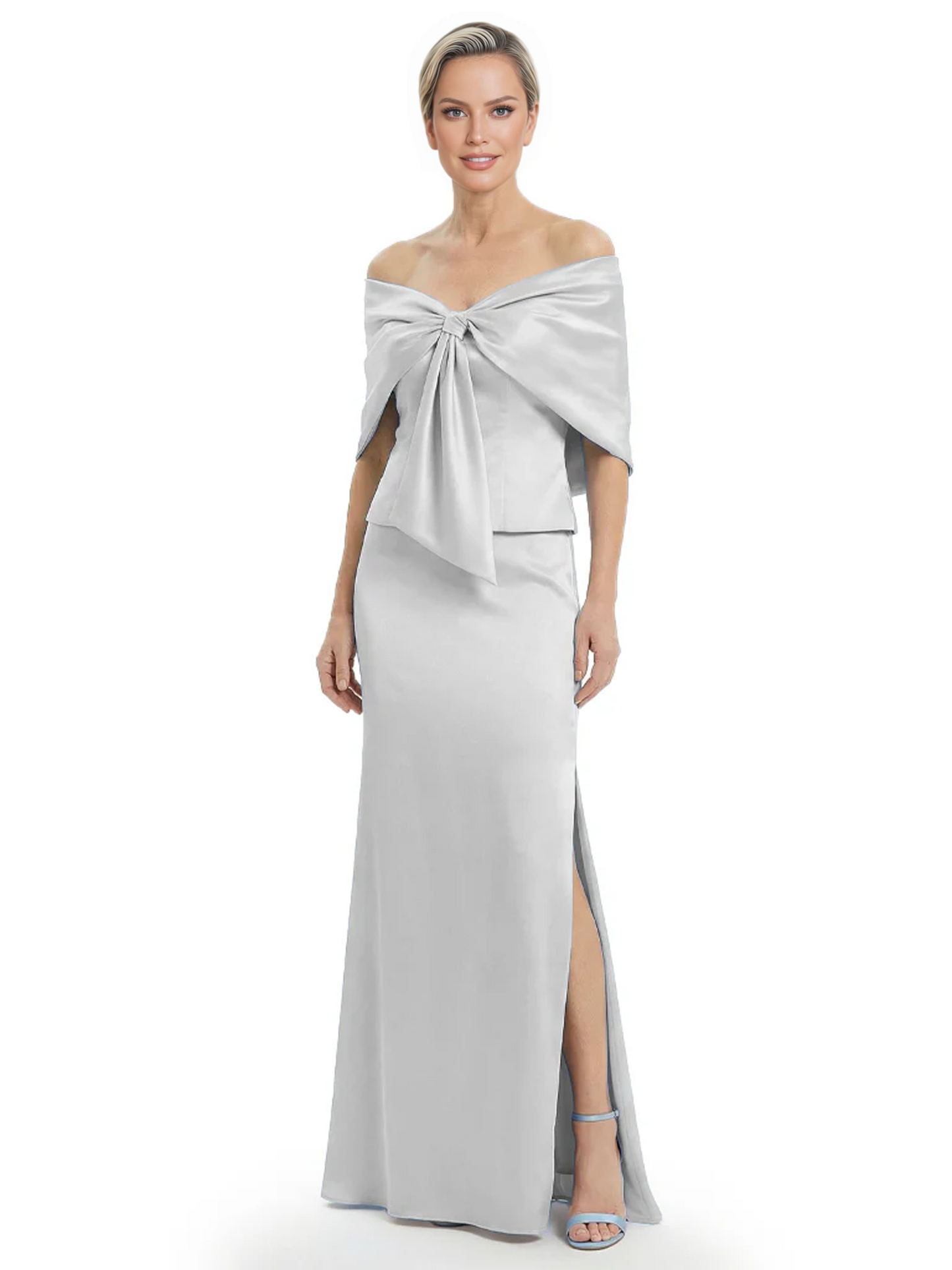 Formal Floor-Length Mother of the Bride Gown Satin Maxi Dress with Bow Neckline