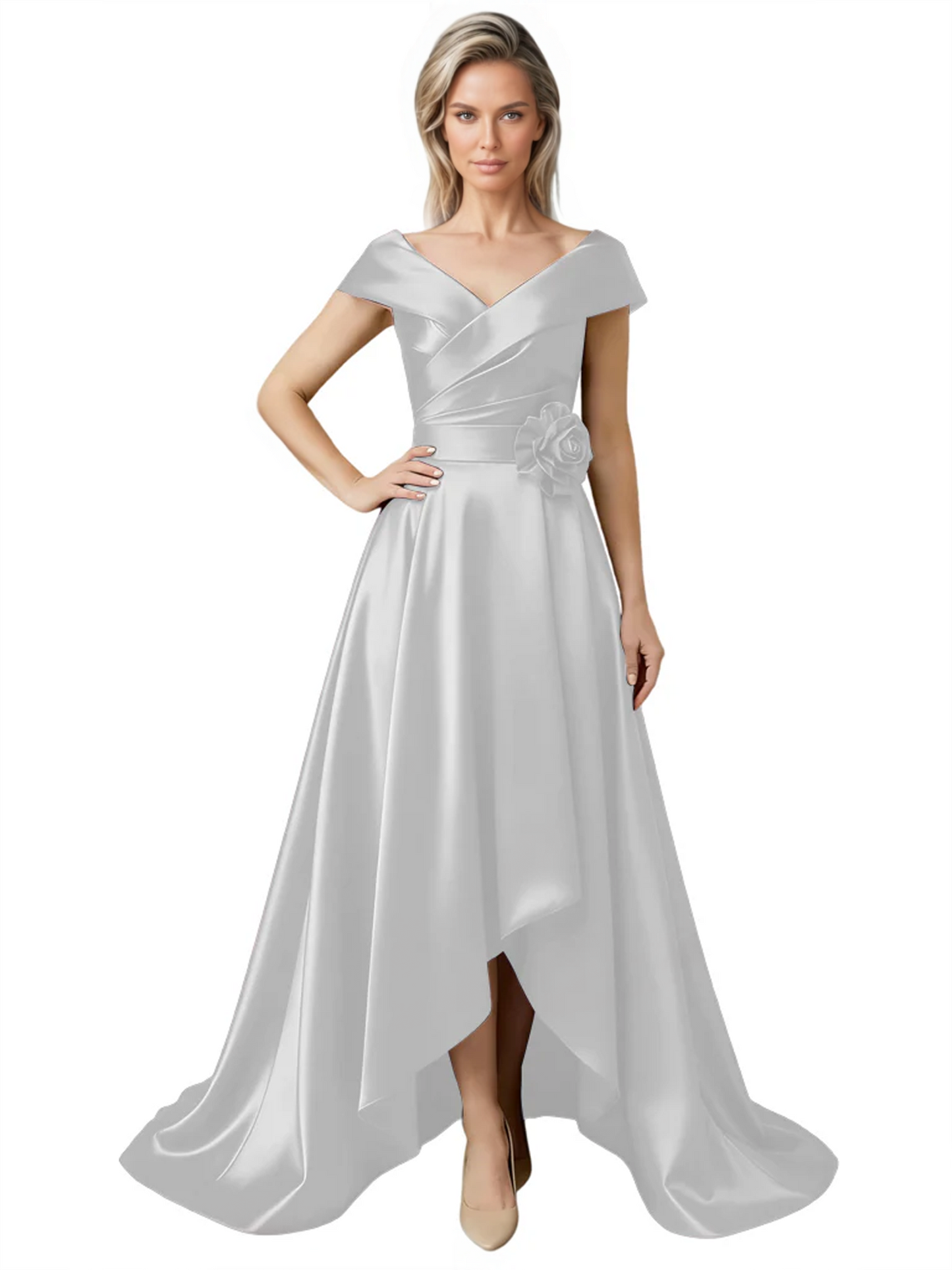 Off Shoulder Mother of the Bride Dress High-Low Satin Gown with Portrait Neckline