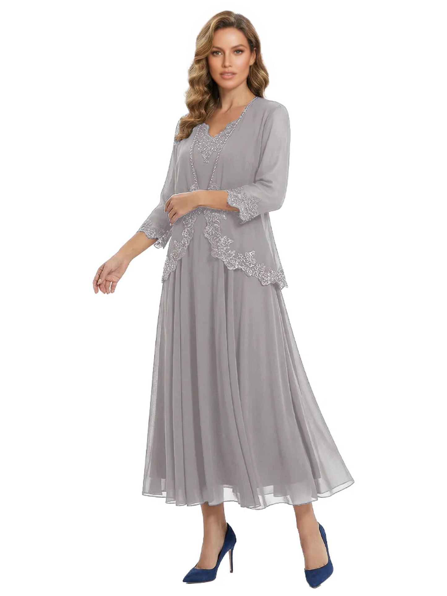 3/4 Sleeve Chiffon Mother of the Brides Dresses V-Neck Wedding Party Gowns