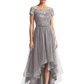 Formal High-Low Mother of the Bride Gown Short Sleeve Lace Maxi Dress with Tiered Skirt