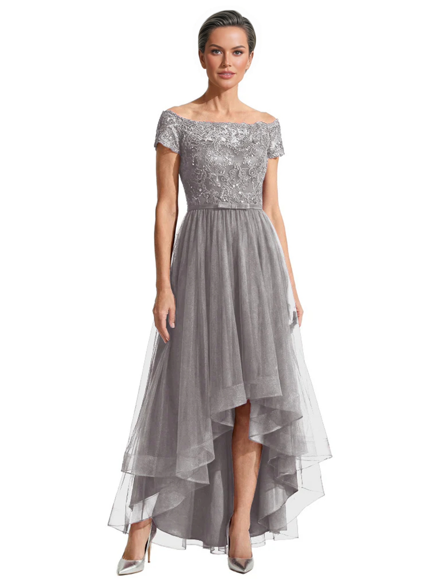 Formal High-Low Mother of the Bride Gown Short Sleeve Lace Maxi Dress with Tiered Skirt