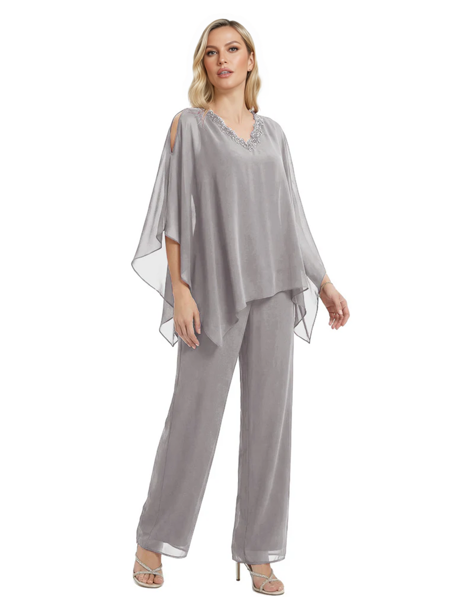 V-Neck Chiffon Mother of the Brides Dresses Plus Size Jacket Suits Wedding
