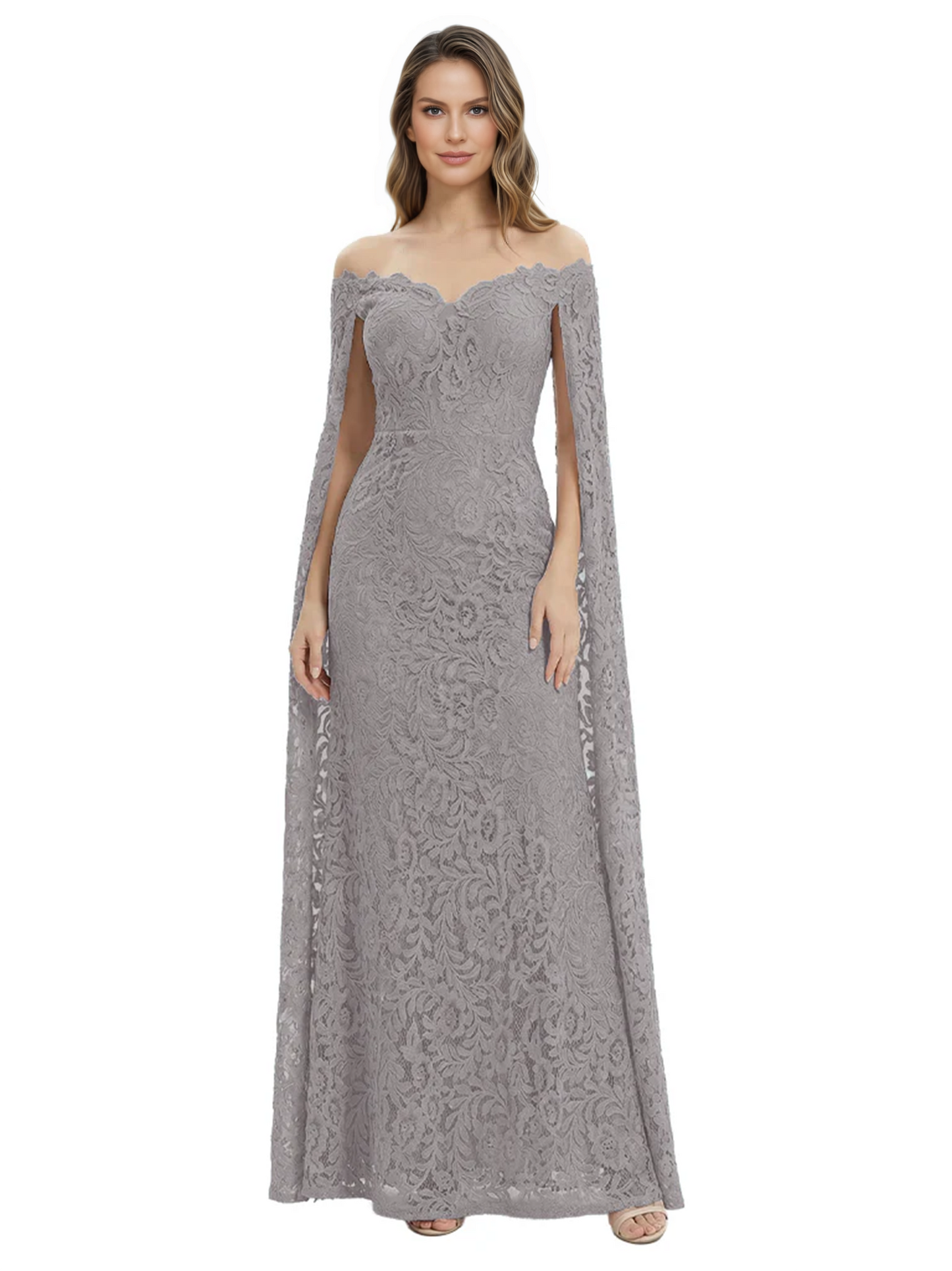 Elegant Mother of the Groom Gown Floral Lace Embroidered Formal Dress with Cape