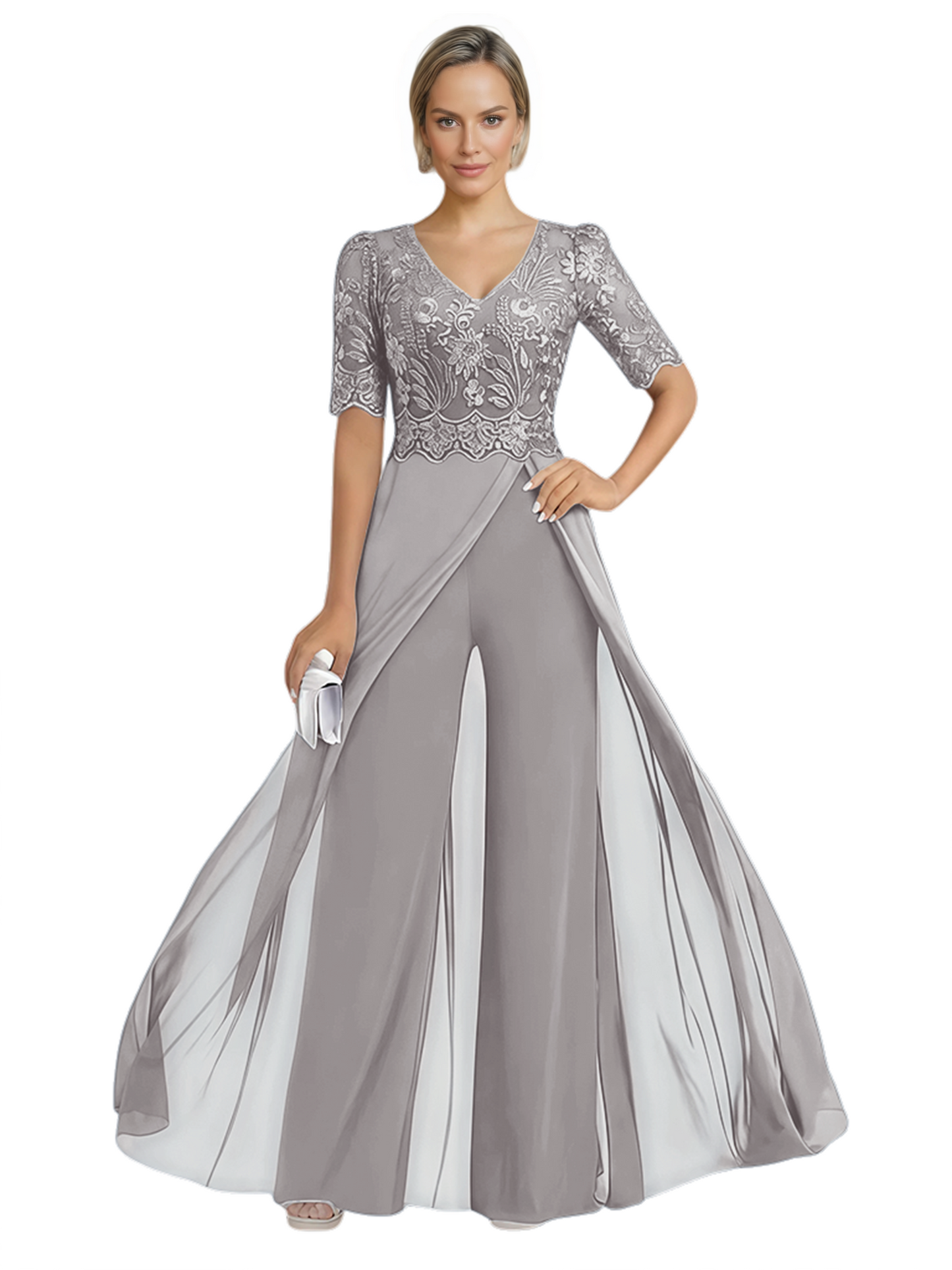 V-Neck Chiffon Mother of the Brides Jumpsuits Dresses Floor Length A-Line Lace
