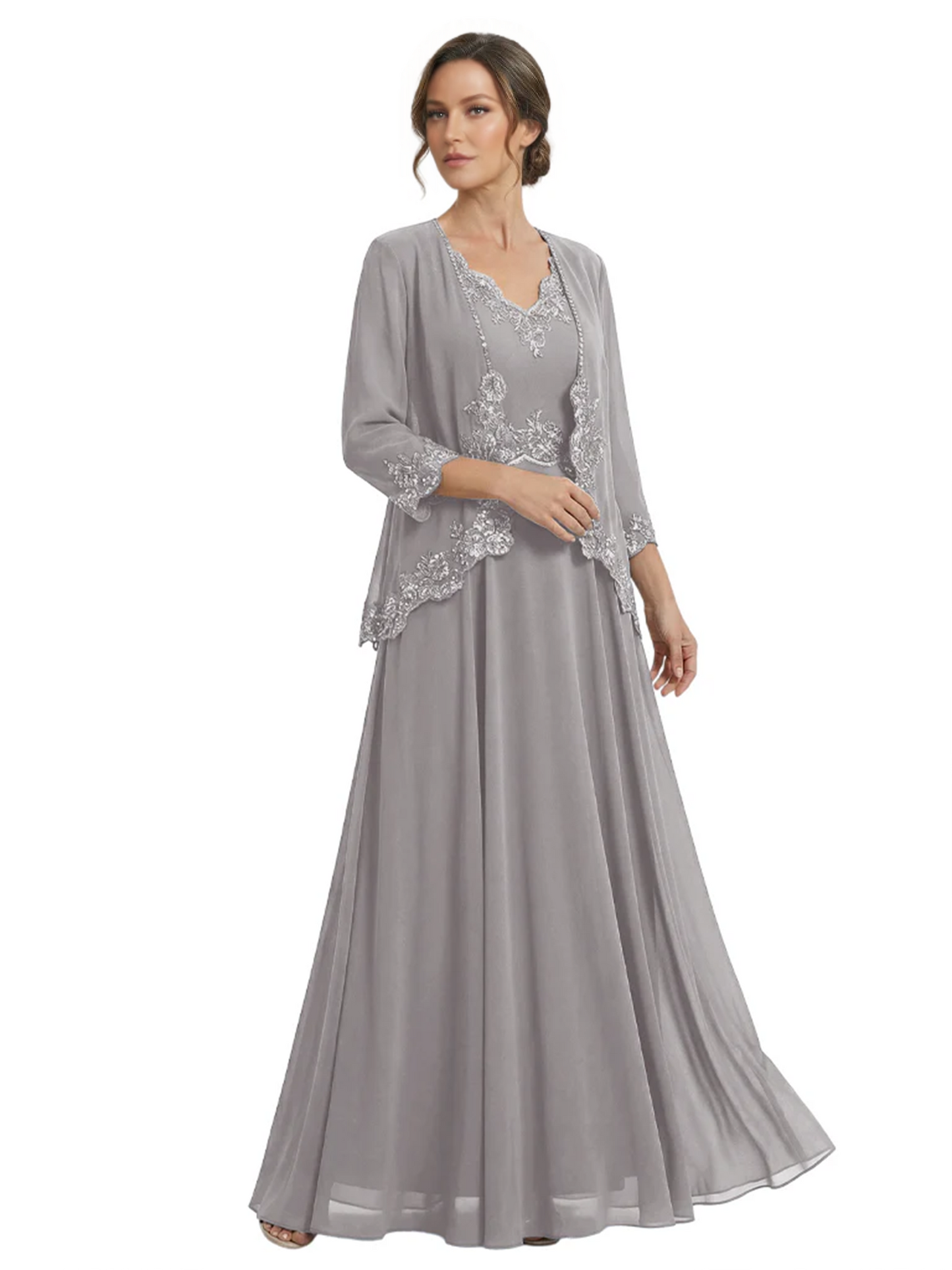 Plus Size A-line Chiffon 3/4 Sleeves Mother of the Brides Dresses Long Jacket Dress