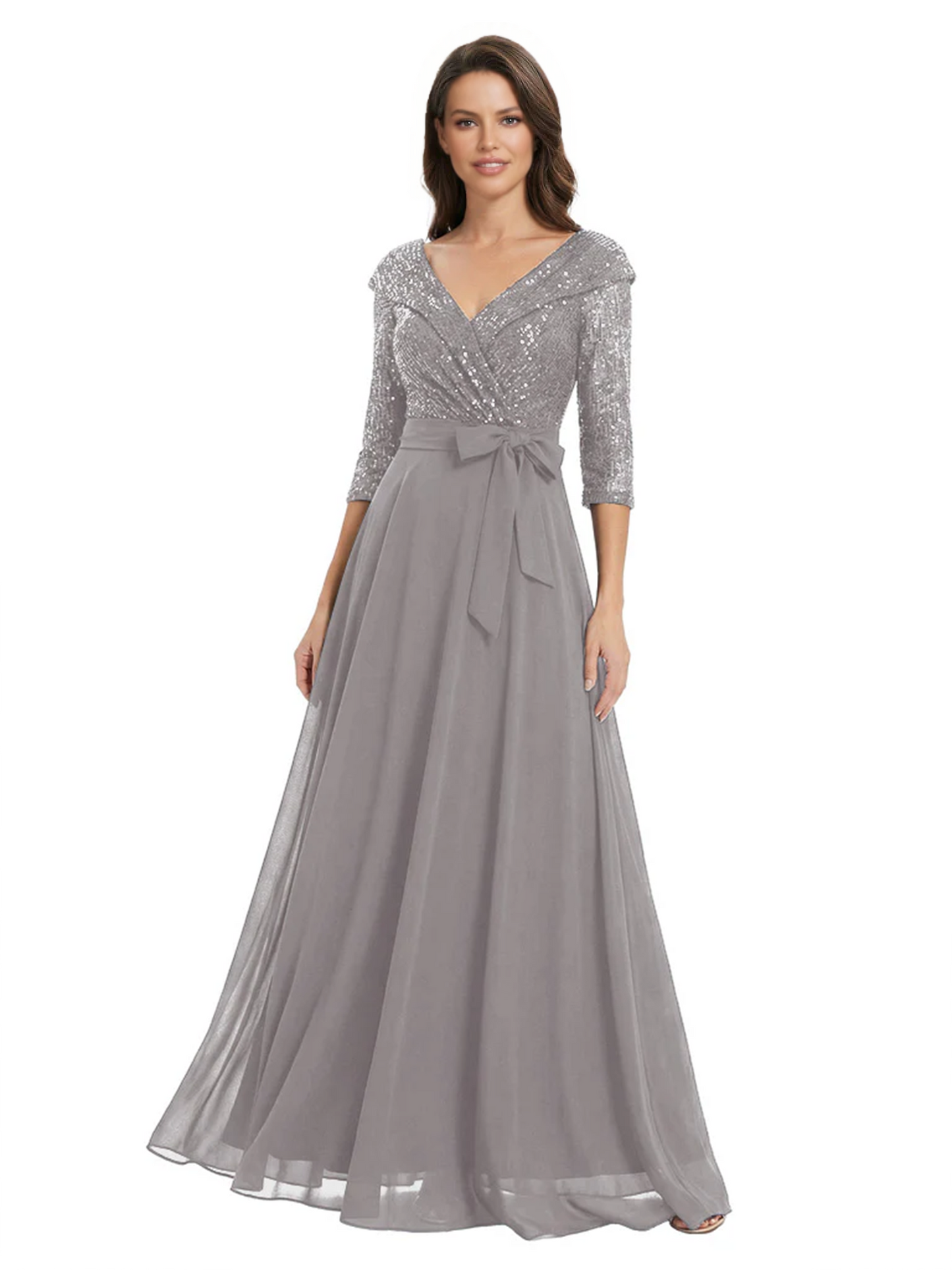 Chiffon Mother of the Bride Dress with Sequin V-Neck and Elegant Bow Sash