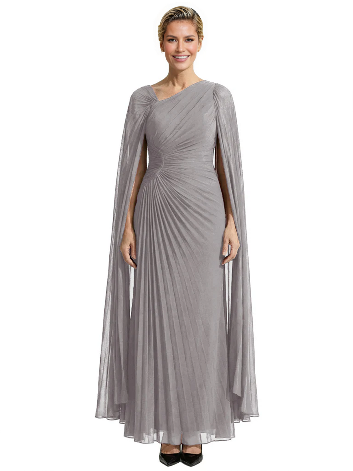 Elegant Asymmetric Neck Long A-Line Chiffon Mother of the Brides Dresses Mom Outfit with Cape
