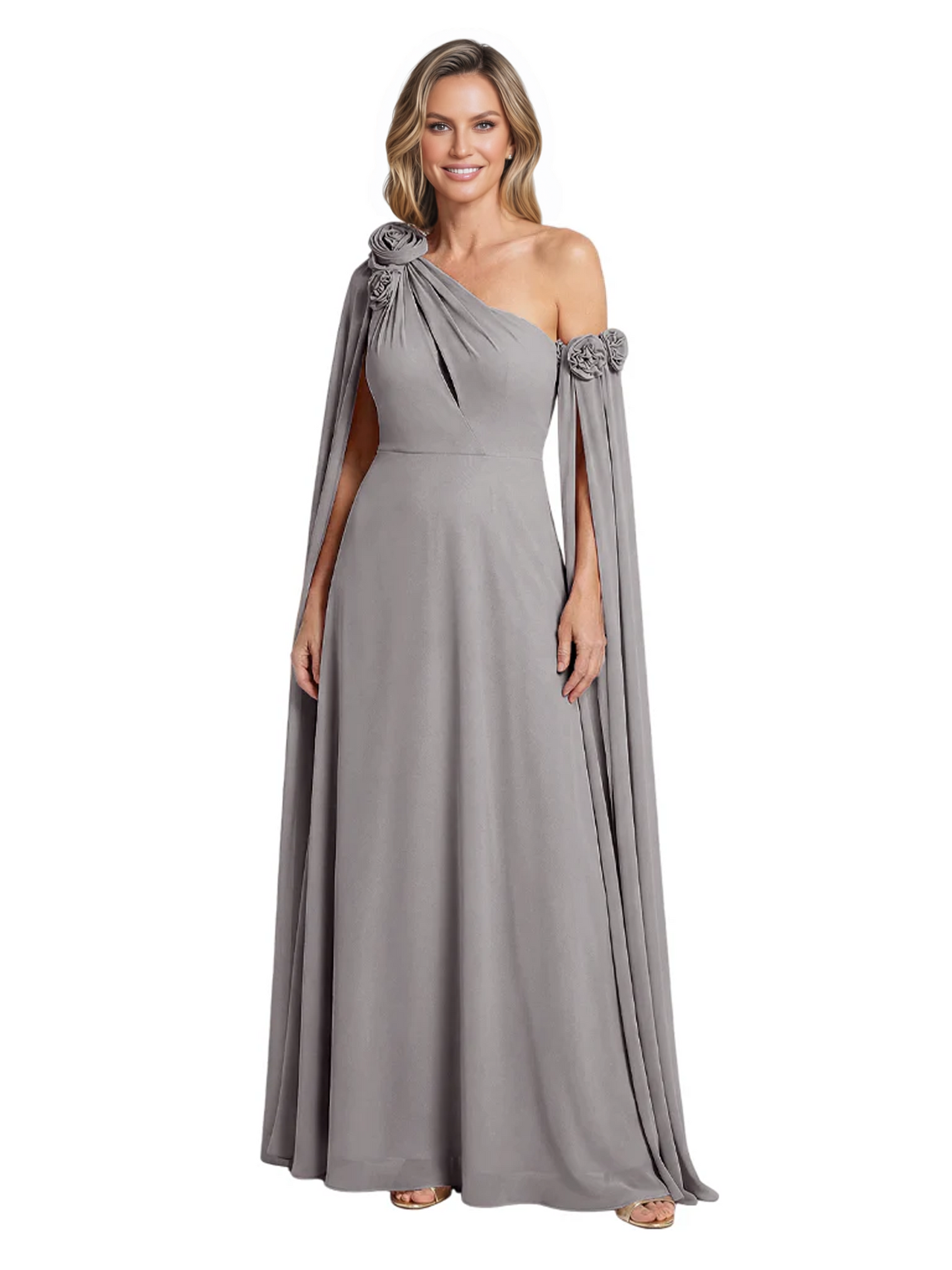 One Shoulder Mother of the Bride Dress Asymmetrical Cape Sleeve Gown with Floral