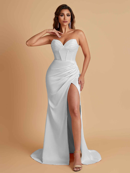 Elegant Soft Satin Mermaid V-neck Side Slit Floor-Length Bridesmaid Dresses Online