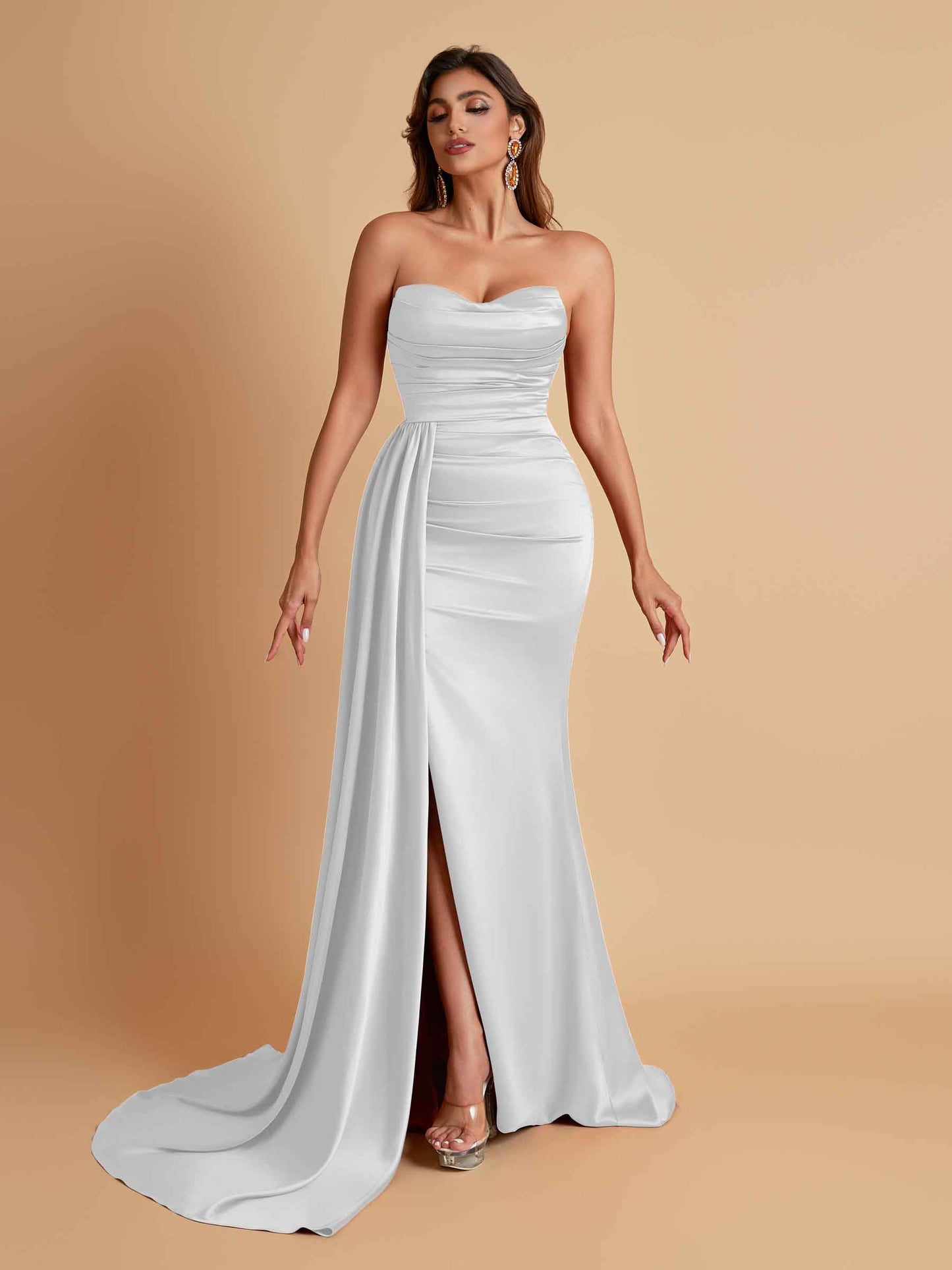 Elegant Soft Satin Sweetheart Strapless Side-Slit Mermaid Bridesmaid Dresses