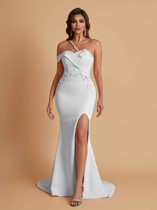 Sexy Soft Satin Mermaid One Shoulder Asymmetrical Side Slit Floor-Length Bridesmaid Dresses