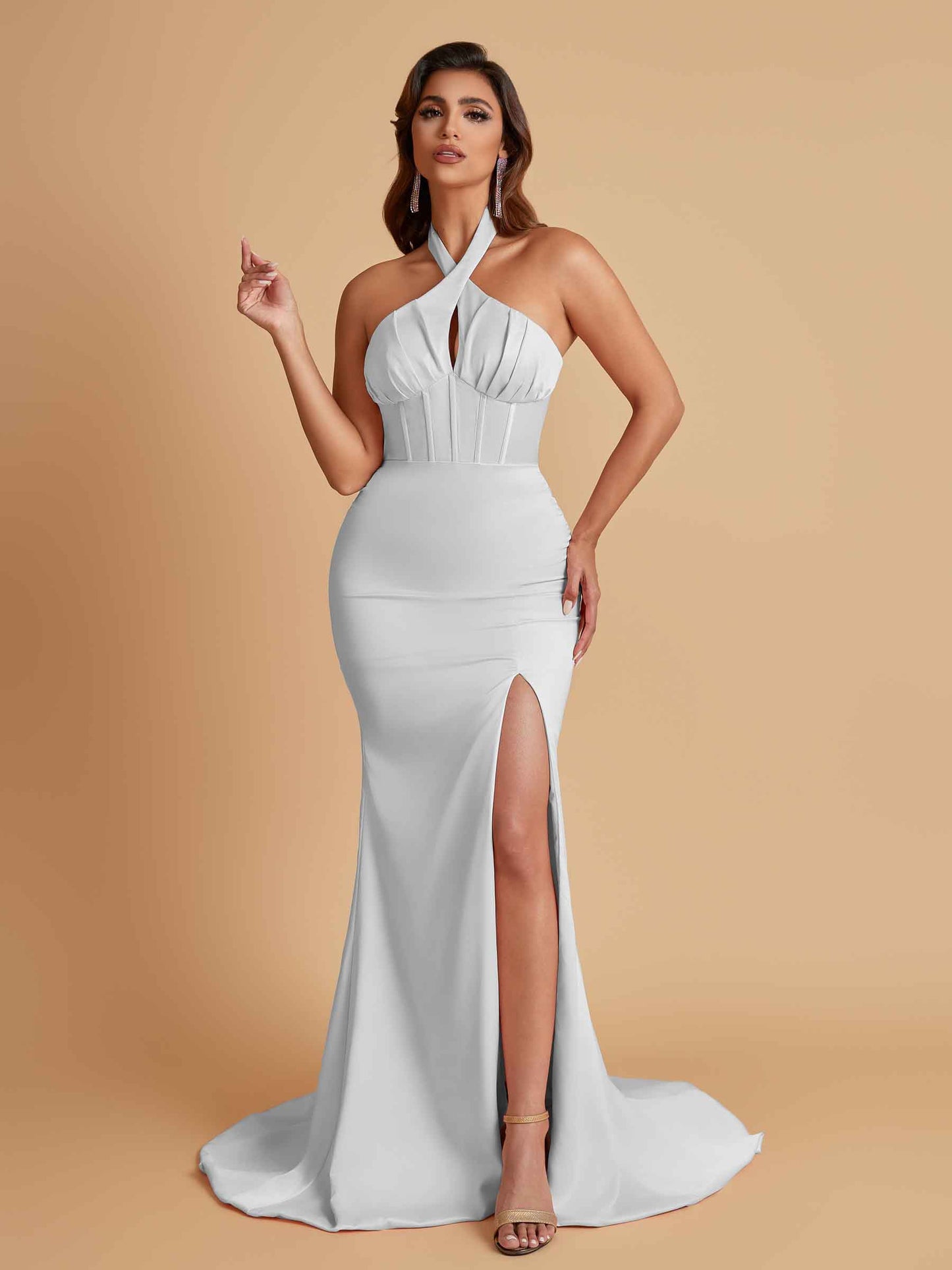 Elegant Soft Satin Mermaid Halter Side Slit Floor-Length Bridesmaid Dresses Online