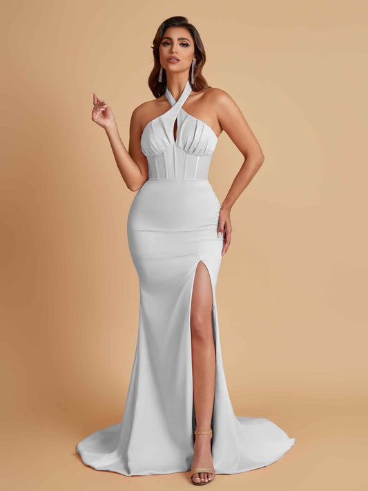 Elegant Soft Satin Mermaid Halter Side Slit Floor-Length Bridesmaid Dresses Online