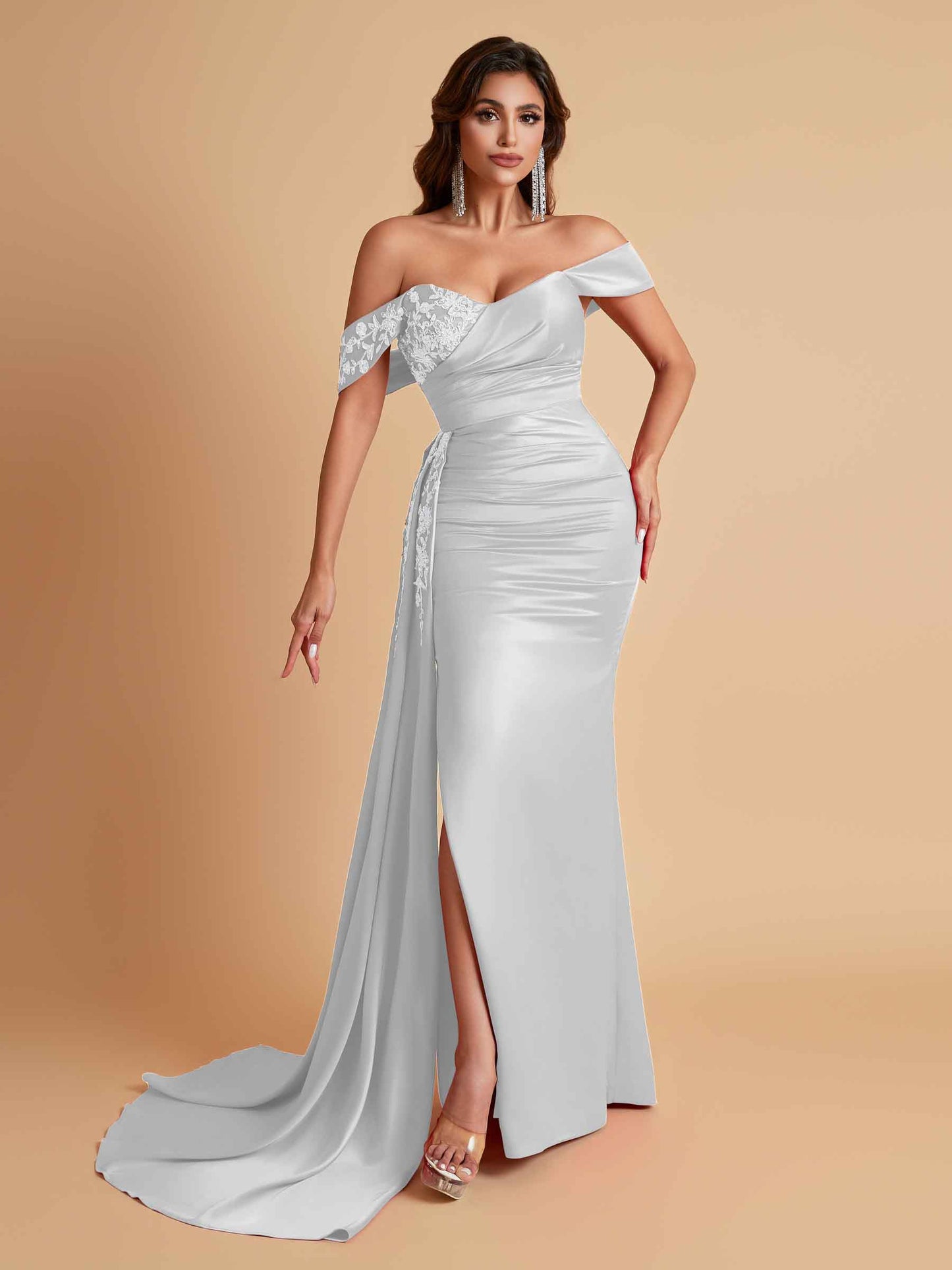 Elegant Soft Satin Mermaid Off Shoulder Floor-Length Mermaid Bridesmaid Dresses