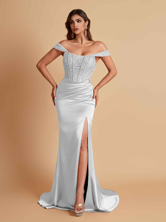 Sexy Soft Satin V-neck Off-the-shoulder Strapless Side-Slit Mermaid Bridesmaid Dresses