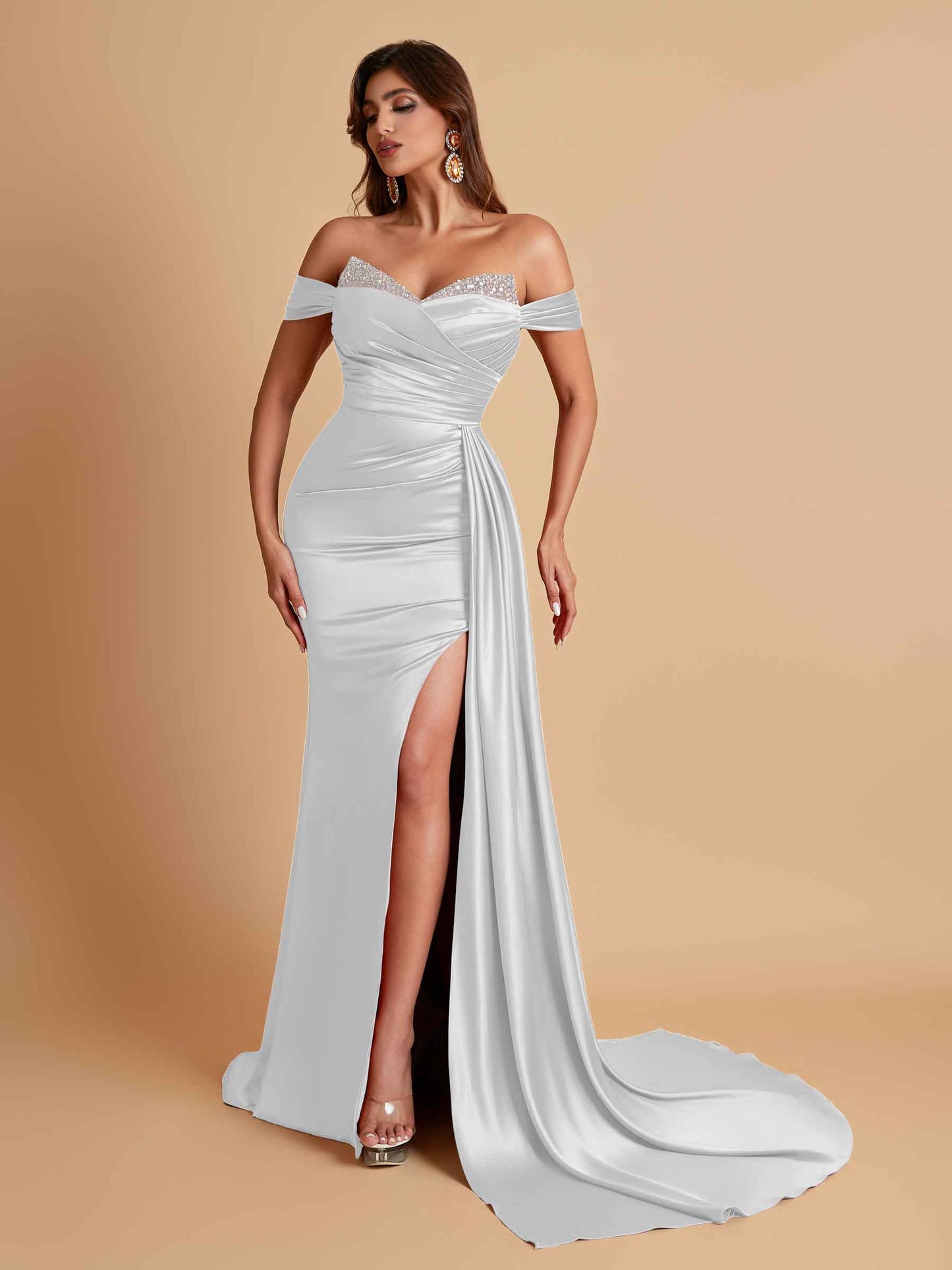 Gorgeous Soft Satin V-neck Off-the-Shoulder Side-Slit Mermaid Bridesmaid Dresses