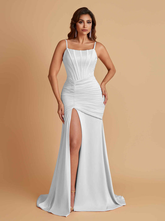 Sexy Soft Satin Mermaid Spaghetti Straps Side Slit Floor-Length Bridesmaid Dresses