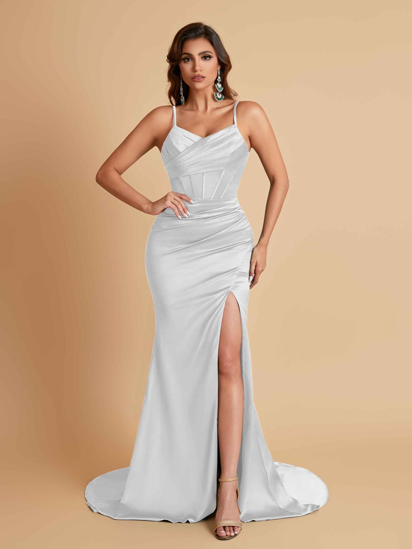 Sexy Spaghetti Straps V Neck Soft Satin Side Slit Floor-Length Mermaid Bridesmaid Dresses