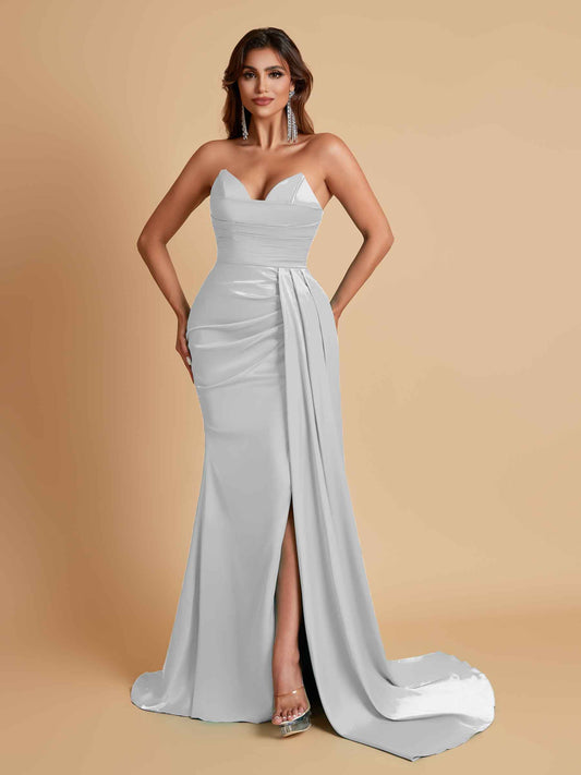 Gorgeous Strapless Soft Satin Side Slit Floor-Length Mermaid Bridesmaid Dresses