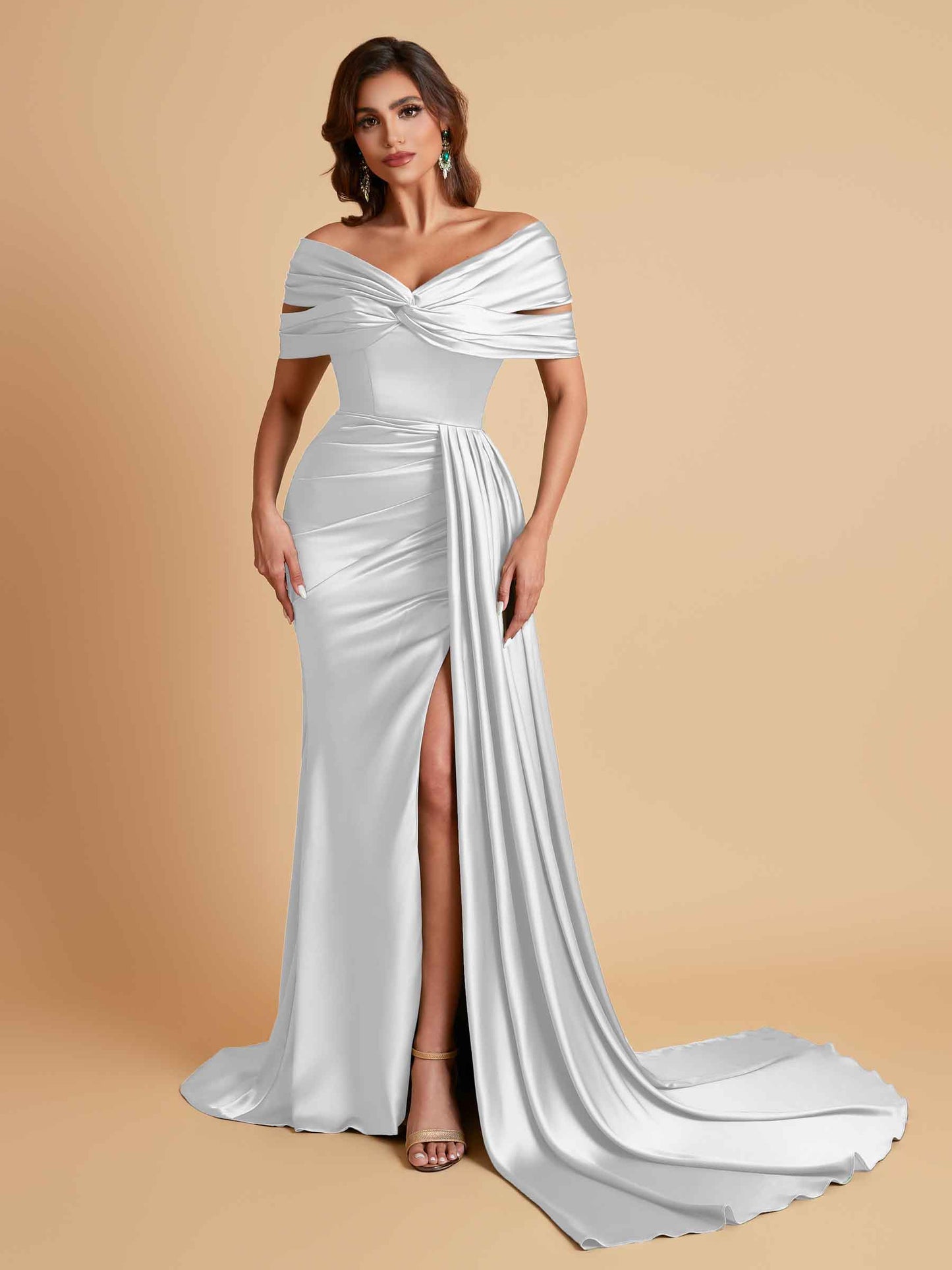 Elegant Soft Satin V-neck Off-the-Shoulder Side-Slit Mermaid Bridesmaid Dresses