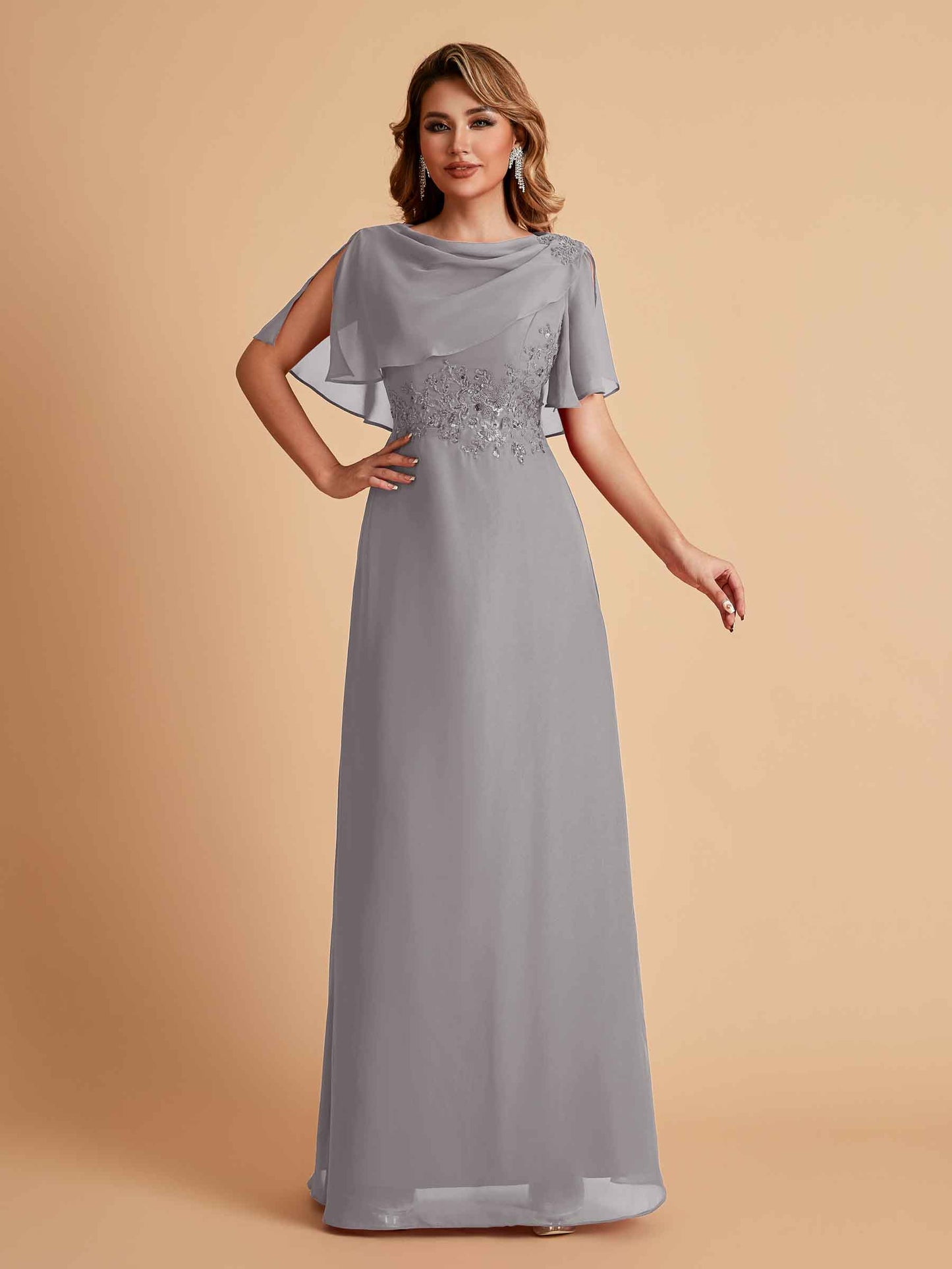 Elegant A-Line Chiffon Half Sleeves Jewel Mother of the Brides Dresses Online
