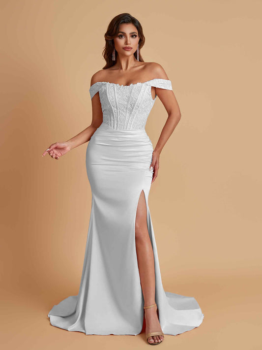 Elegant Soft Satin Mermaid Off Shoulder Side Slit Floor-Length Mermaid Bridesmaid Dresses
