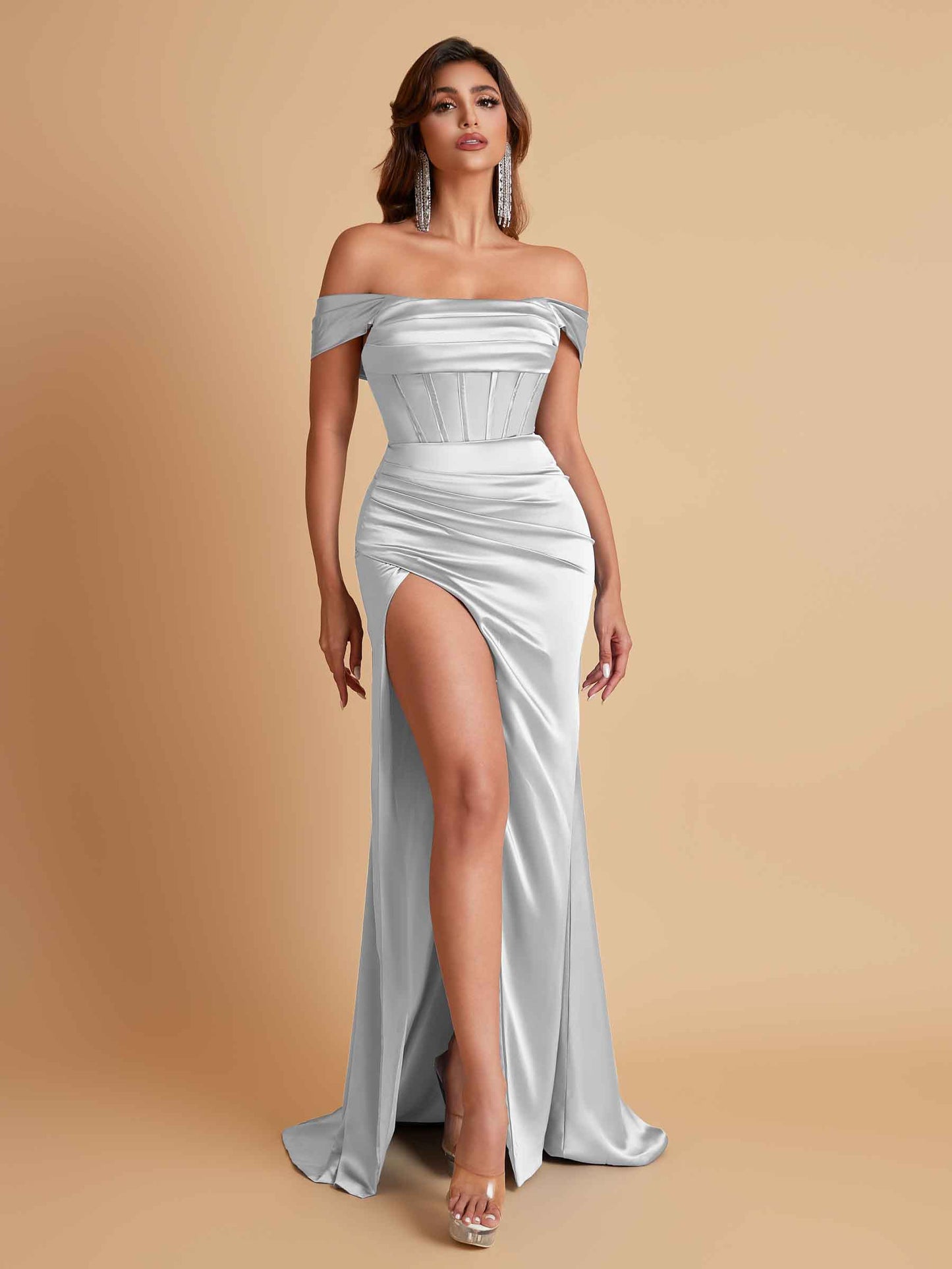 Sexy Off the Shoulder Soft Satin Side Slit Floor-Length Mermaid Bridesmaid Dresses