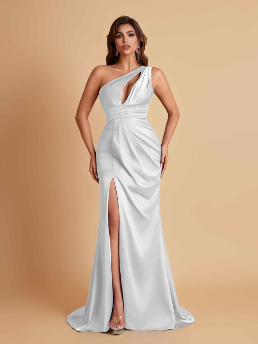 Sexy One Shoulder Soft Satin Side Slit Floor-Length Mermaid Bridesmaid Dresses