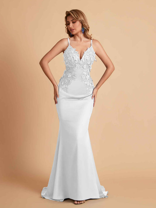 Sexy Satin Spaghetti Straps V-neck Mermaid Floor Length Applique Bridesmaid Dresses