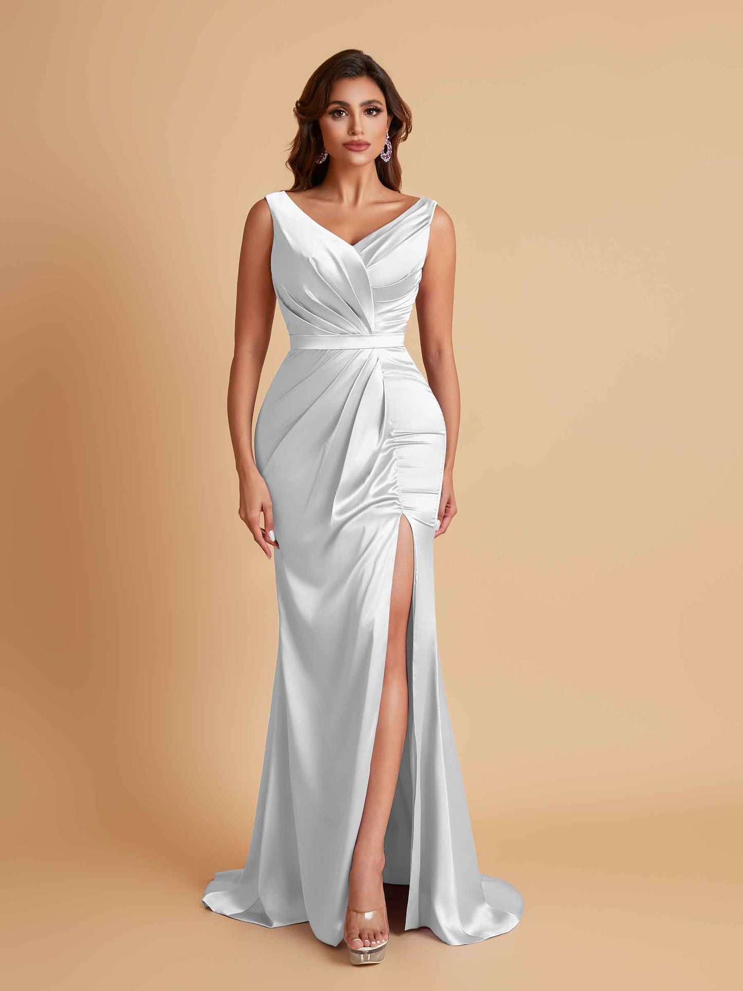 Elegant V Neck Soft Satin Side Slit Floor-Length Mermaid Bridesmaid Dresses