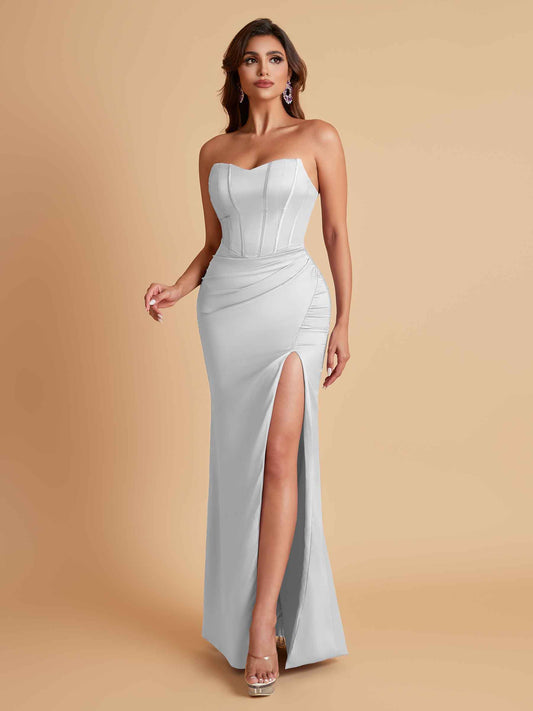 Sexy Strapless Soft Satin Side Slit Floor-Length Mermaid Bridesmaid Dresses