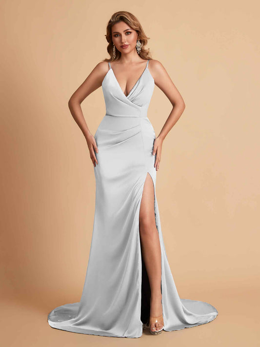 Elegant Satin Spaghetti Straps V-Neck Mermaid Side Slit Floor Length Bridesmaid Dresses
