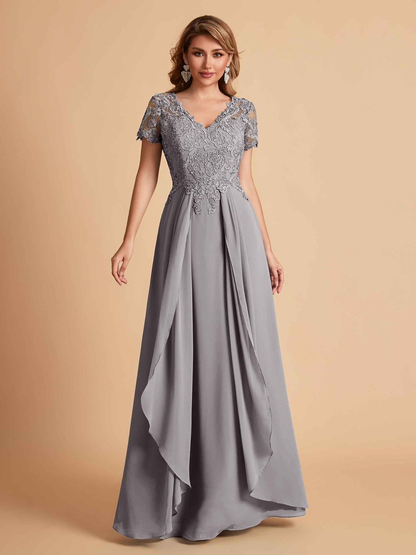 Elegant A-Line Chiffon Short Sleeves V-neck Mother of the Brides Dresses Lace Top MOB Dresses