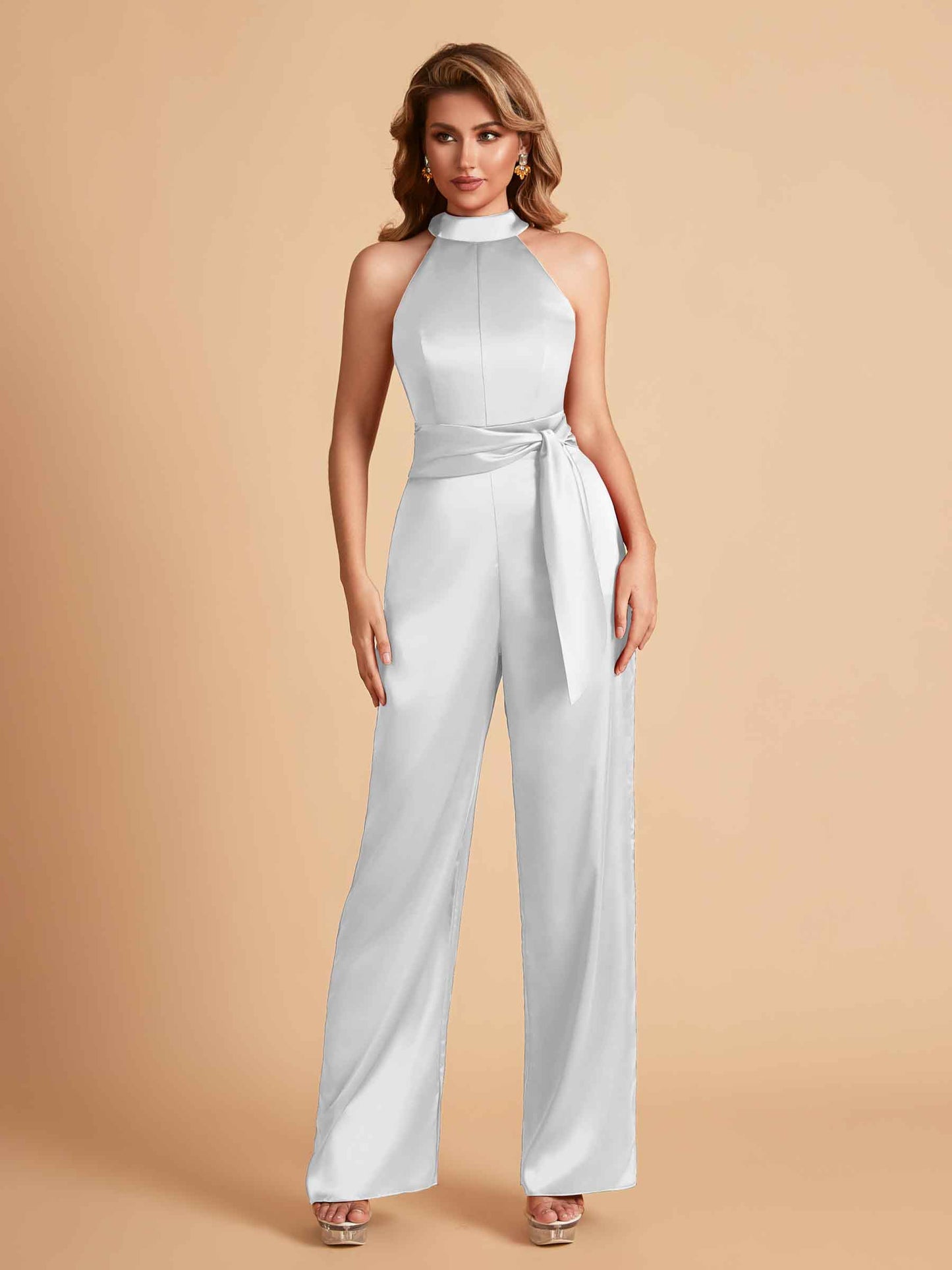 Elegant Satin Halter Sleeveless Satin Floor Length Bridesmaid Jumpsuit