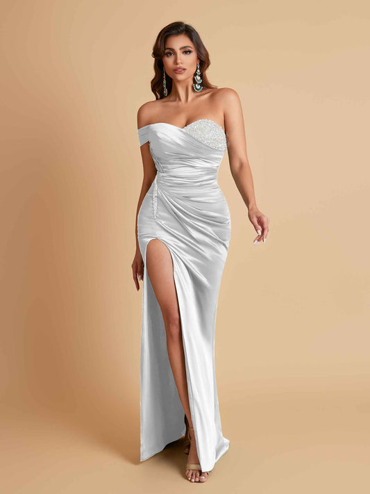 Sexy Soft Satin Mermaid One Shoulder Side Slit Floor-Length Mermaid Bridesmaid Dresses