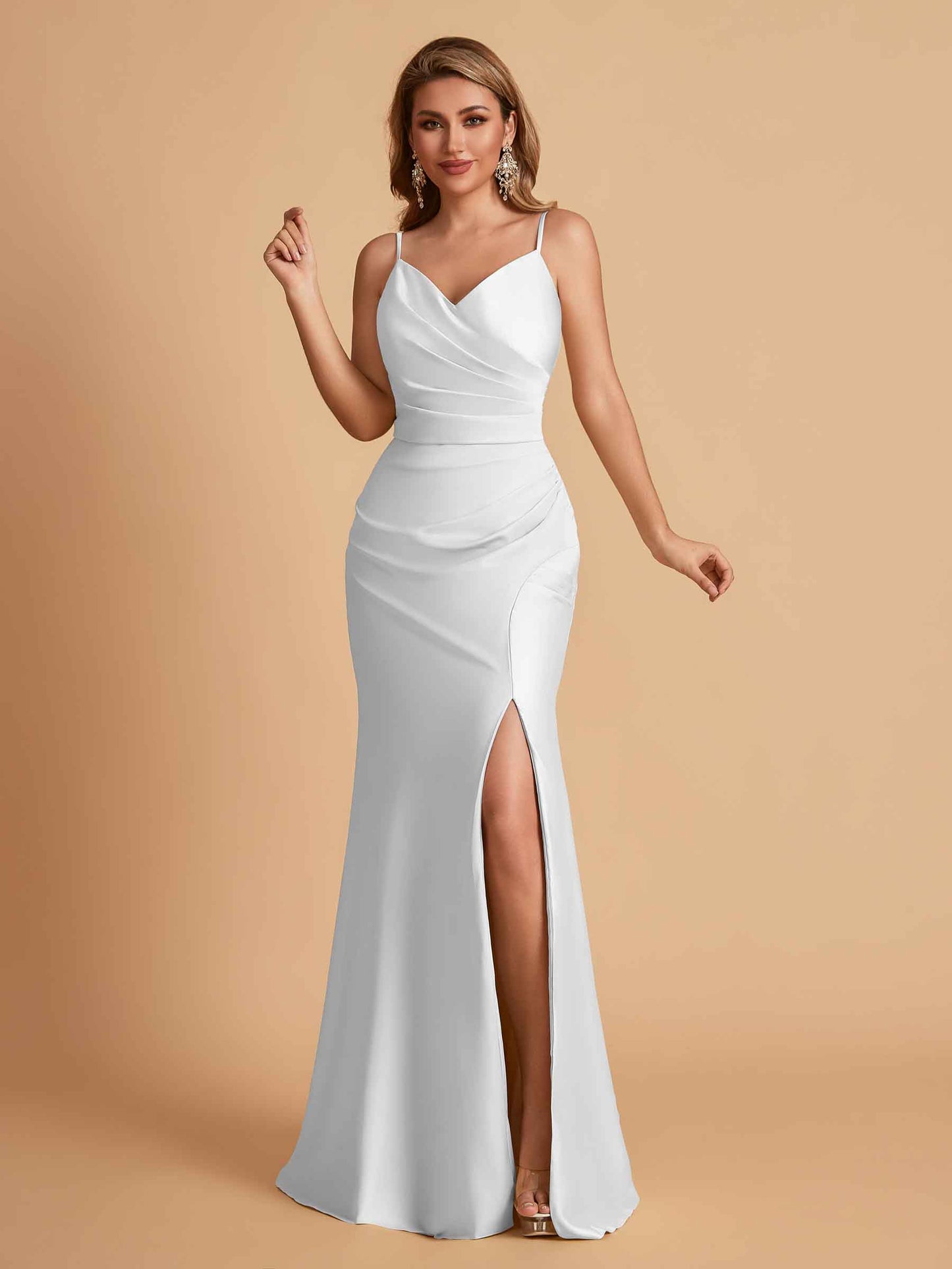 Elegant Satin Spaghetti Straps Mermaid Side Slit Floor Length Bridesmaid Dresses