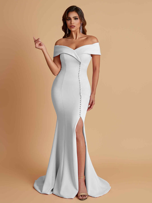 Elegant Soft Satin Mermaid Off Shoulder Side Slit Floor-Length Bridesmaid Dresses