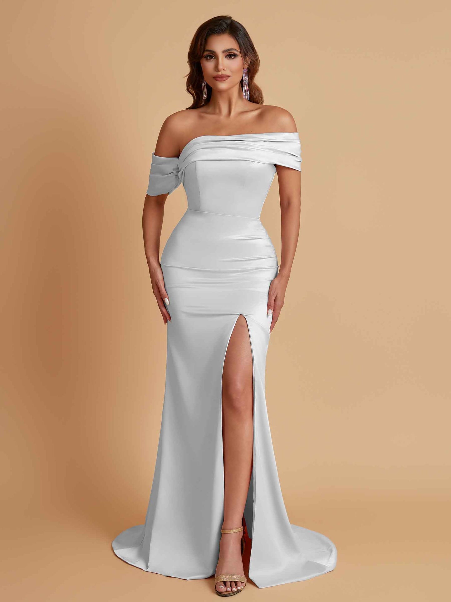 Elegant Soft Satin Mermaid Off Shoulder Asymmetrical Side Slit Floor-Length Bridesmaid Dresses