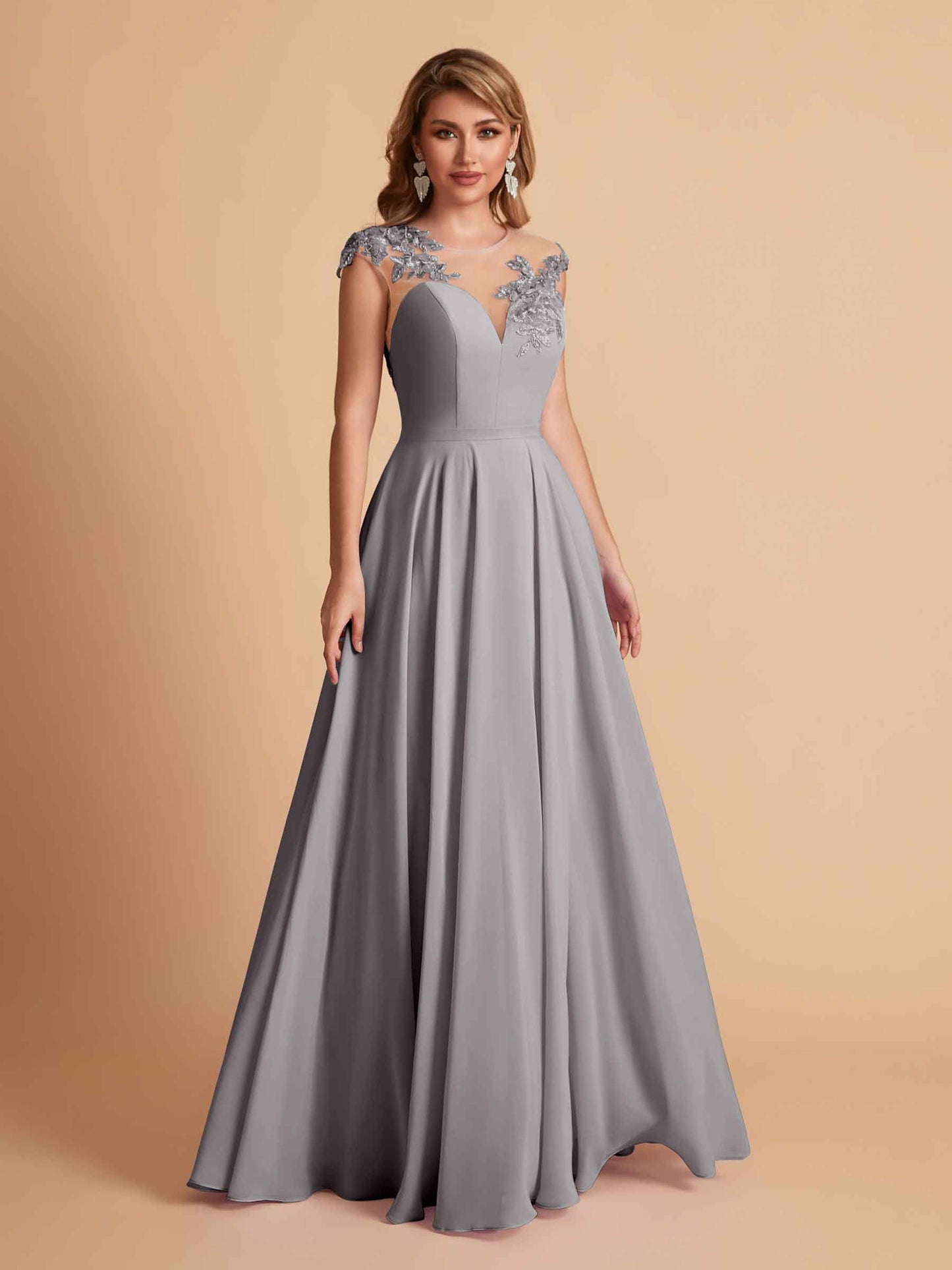 Chiffon Illusion Lace Top A-line Bridesmaid Dresses V-neck Floor Length Wedding Guest Dresses