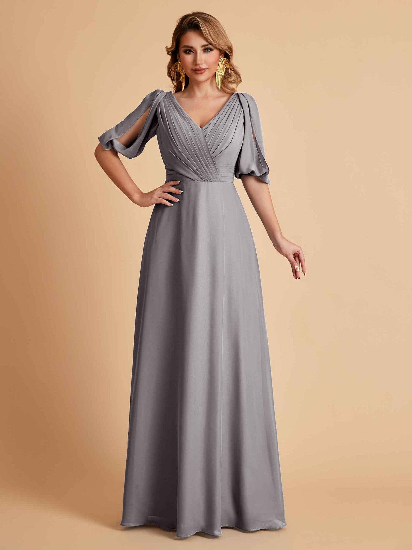 Elegant A-Line Chiffon Half Sleeves V-Neck Mother of the Brides Dresses Online