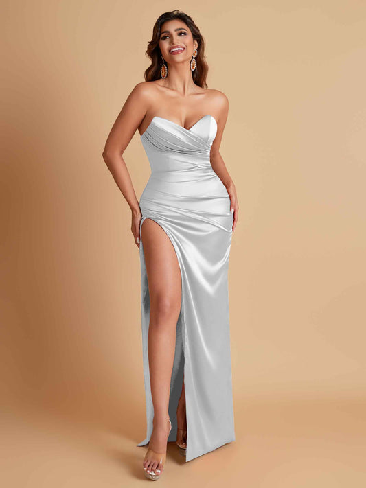 Soft Satin Elegant V-neck Strapless Split Side Mermaid Bridesmaid Dresses