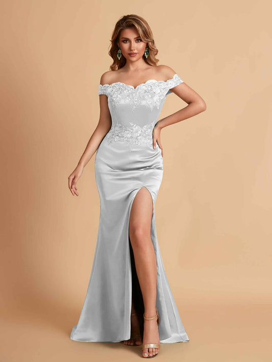 Elegant Satin Off Shoulder Mermaid Side Slit Floor Length Bridesmaid Dresses