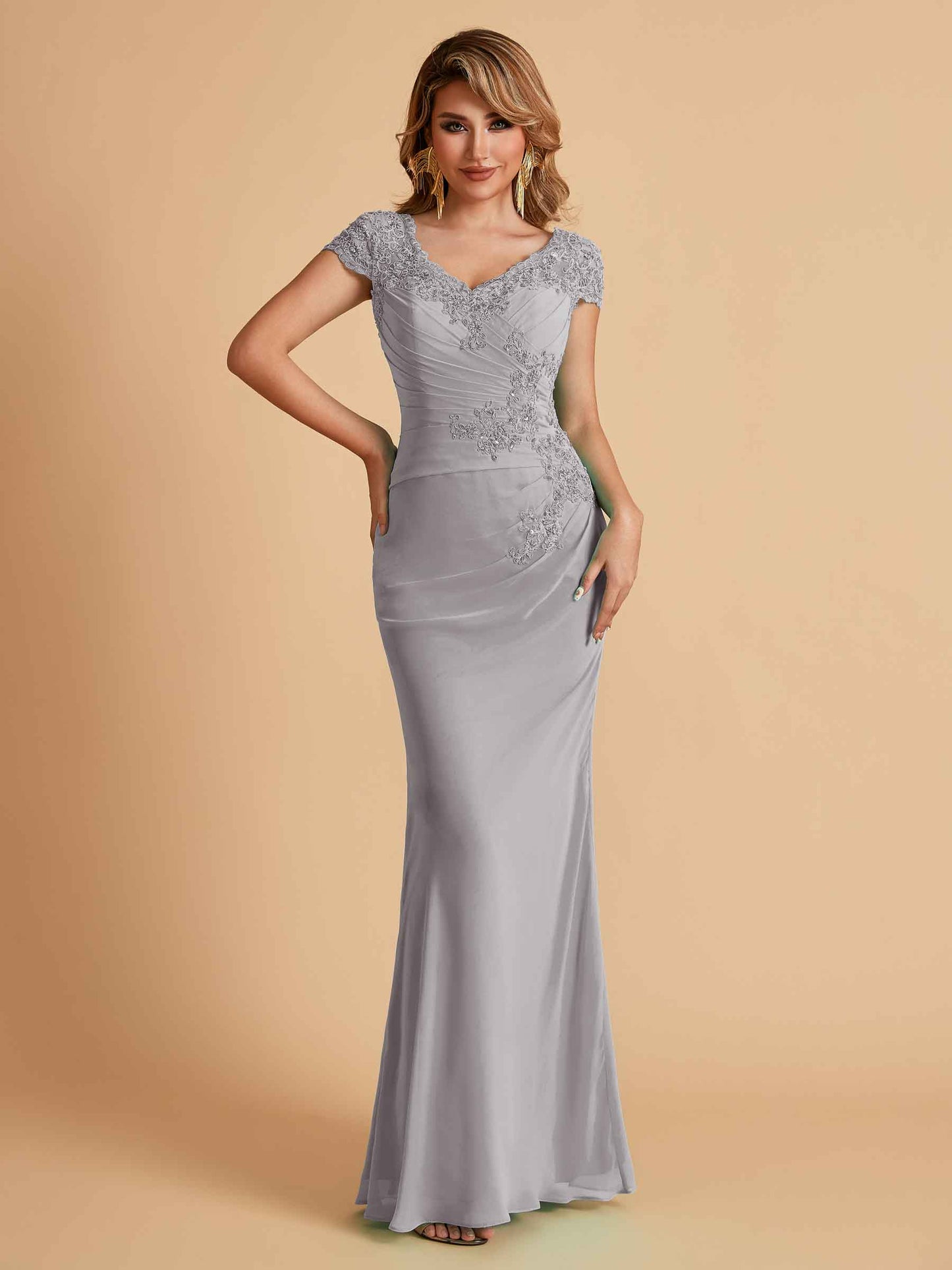 Elegant Mermaid Chiffon Cap Sleeves V-Neck Mother of the Brides Dresses Online