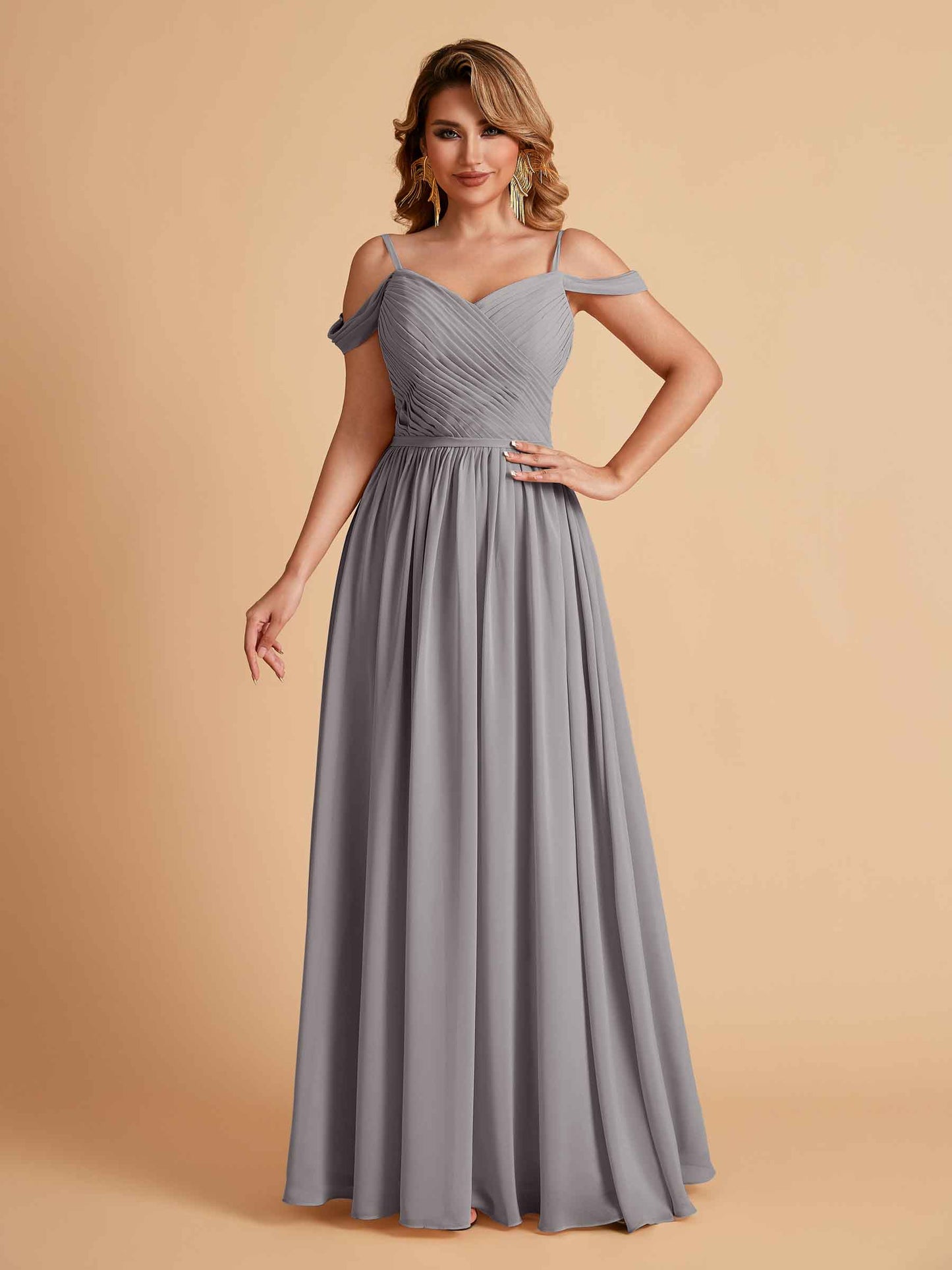 Elegant A-line Chiffon Off The Shoulder V-Neck Bridesmaid Dresses Online