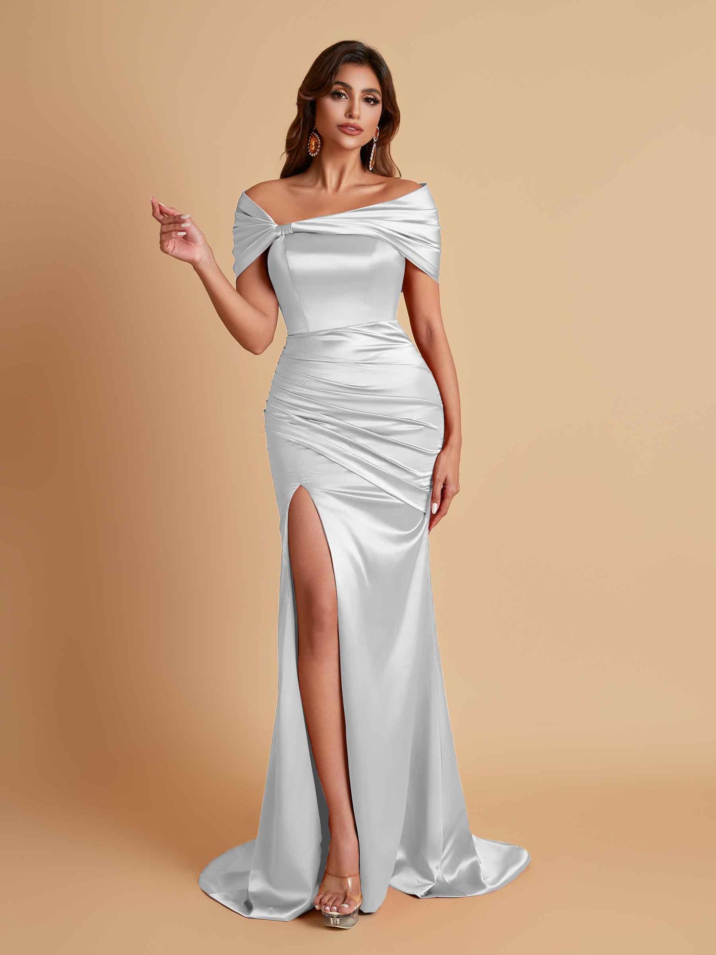 Elegant Soft Satin Off-the-shoulder Side-Slit Mermaid Bridesmaid Dresses