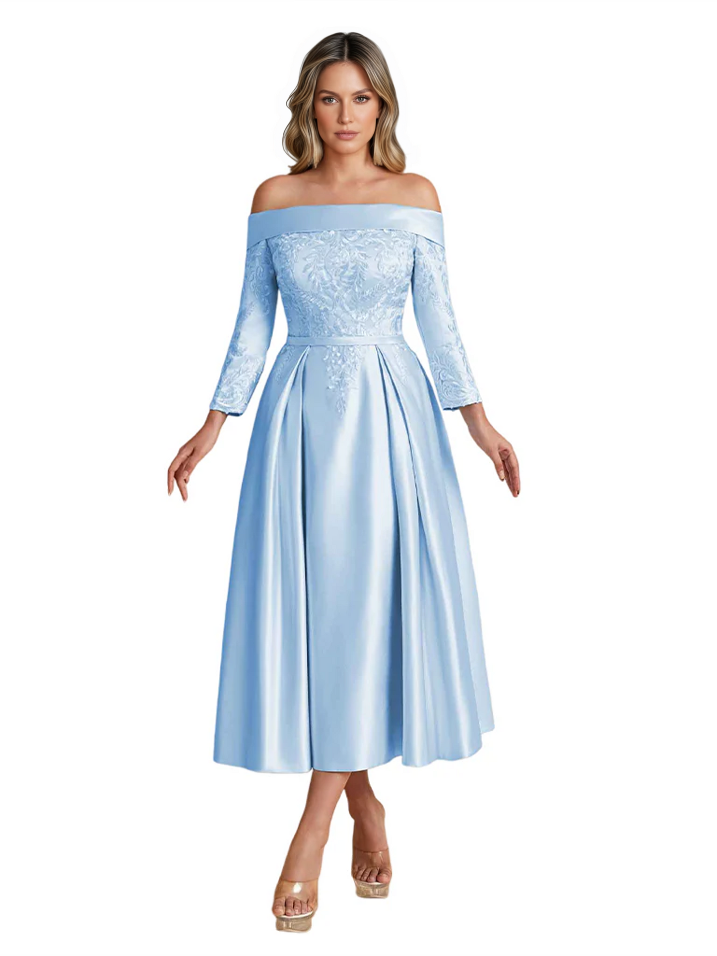Off Shoulder Mother of the Bride Dress Tea-Length Satin Gown with Lace Applique