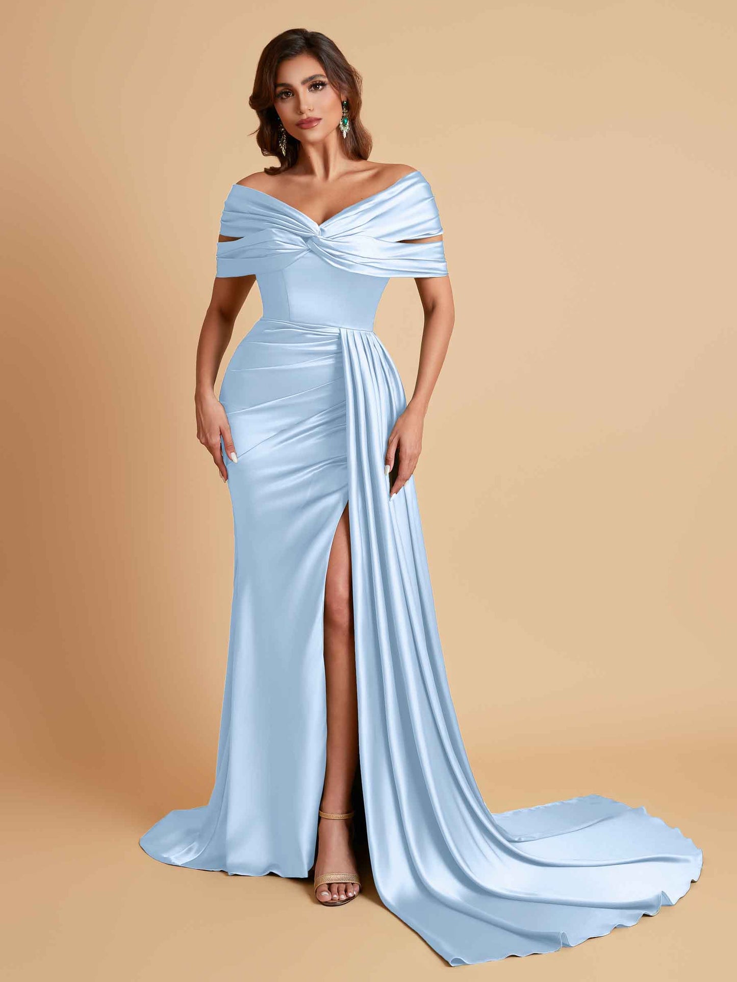 Elegant Soft Satin V-neck Off-the-Shoulder Side-Slit Mermaid Bridesmaid Dresses
